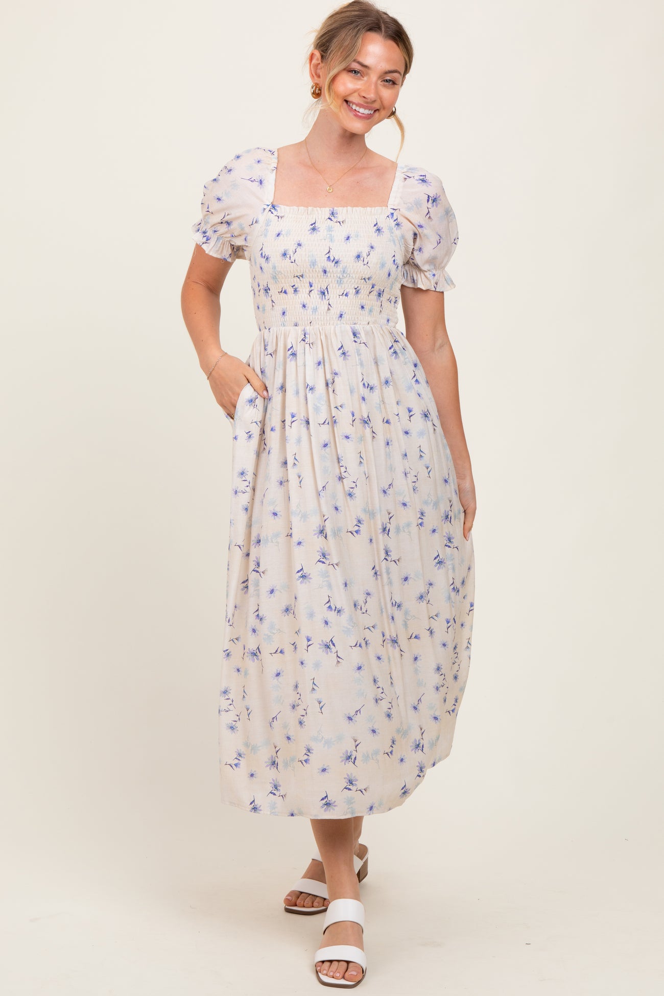 Blue Floral Printed Puff Sleeve Maternity Midi Dress
