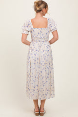 Blue Floral Printed Puff Sleeve Midi Dress