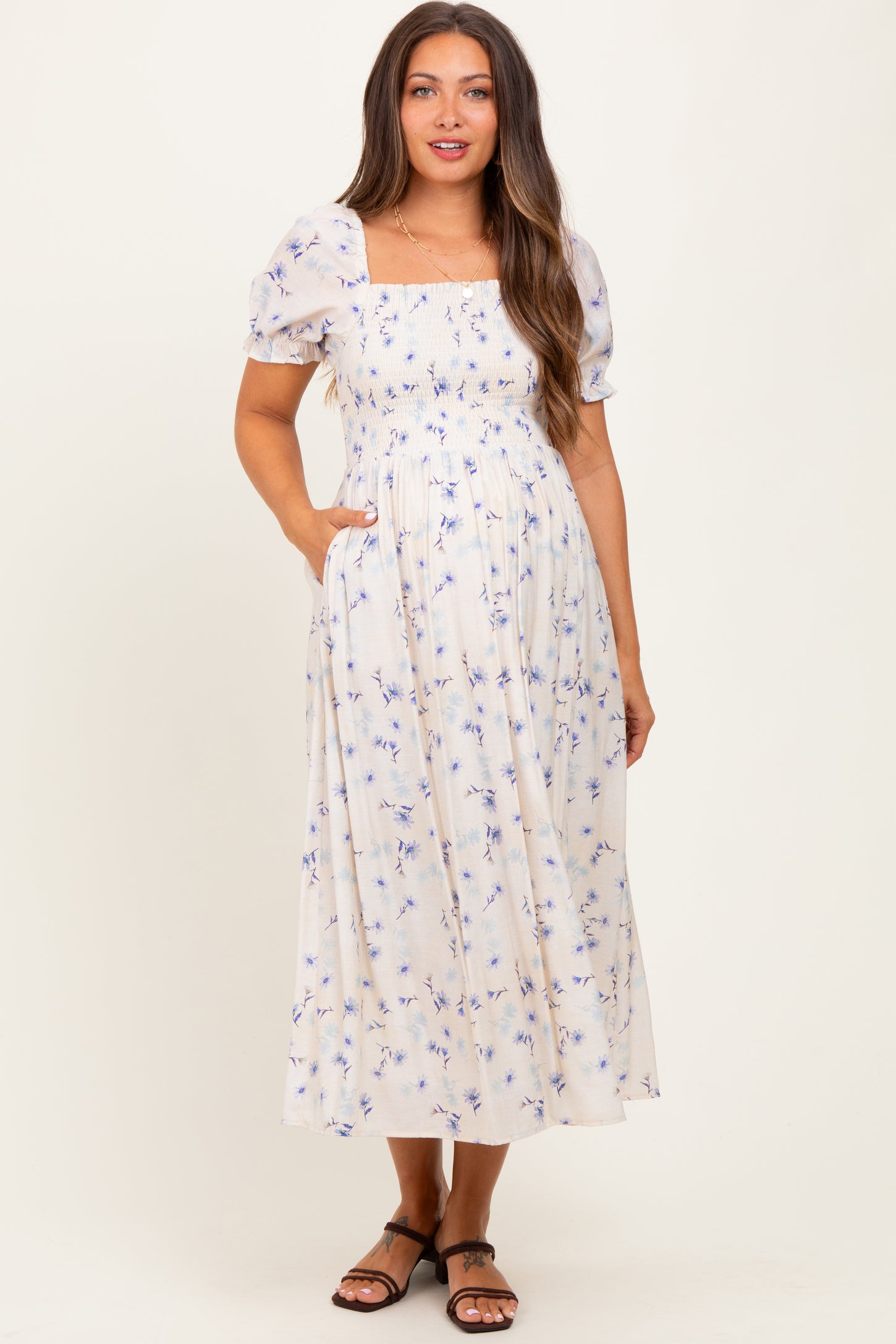 Blue Floral Printed Puff Sleeve Maternity Midi Dress