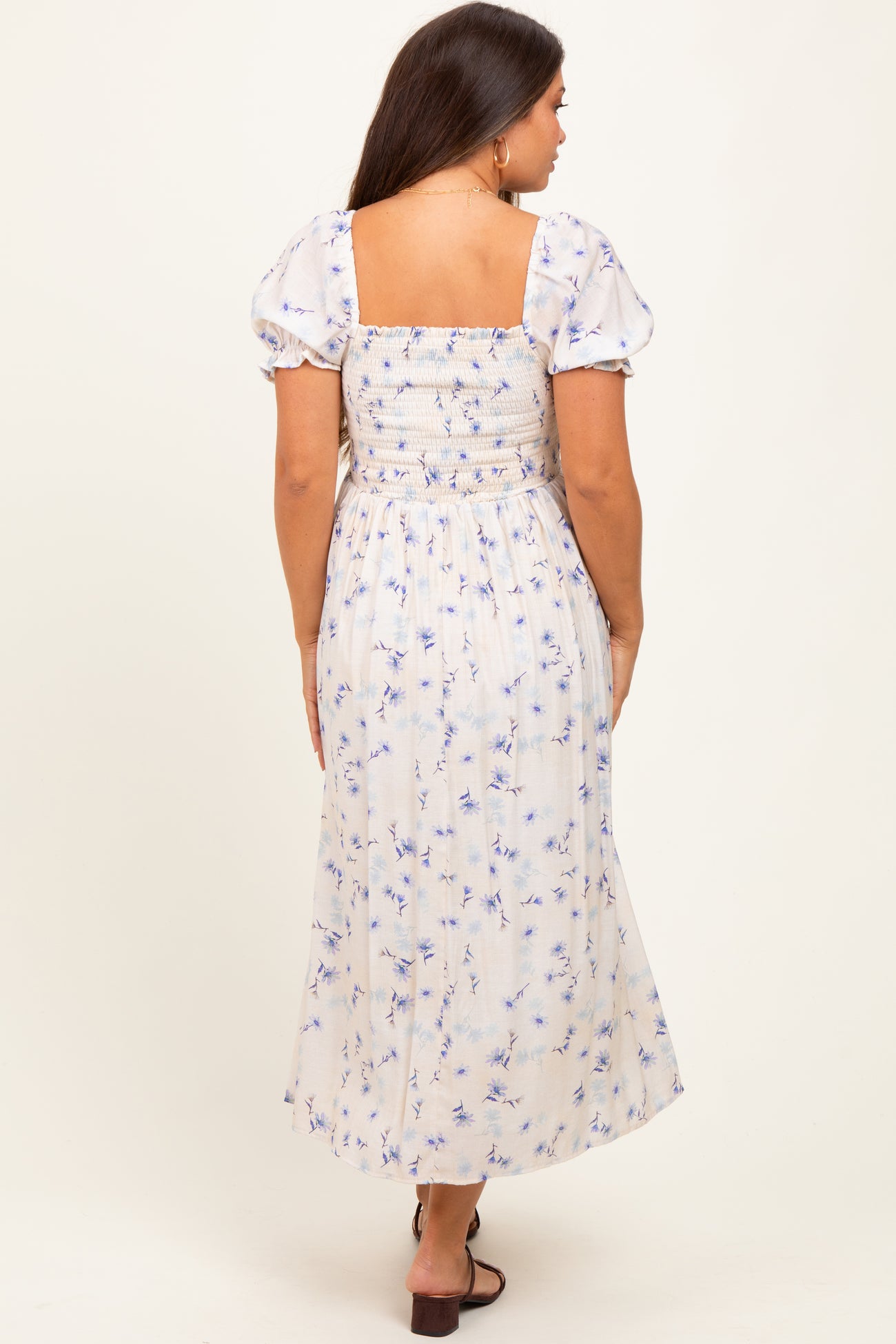 Blue Floral Printed Puff Sleeve Maternity Midi Dress
