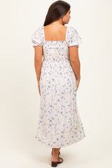 Blue Floral Printed Puff Sleeve Maternity Midi Dress