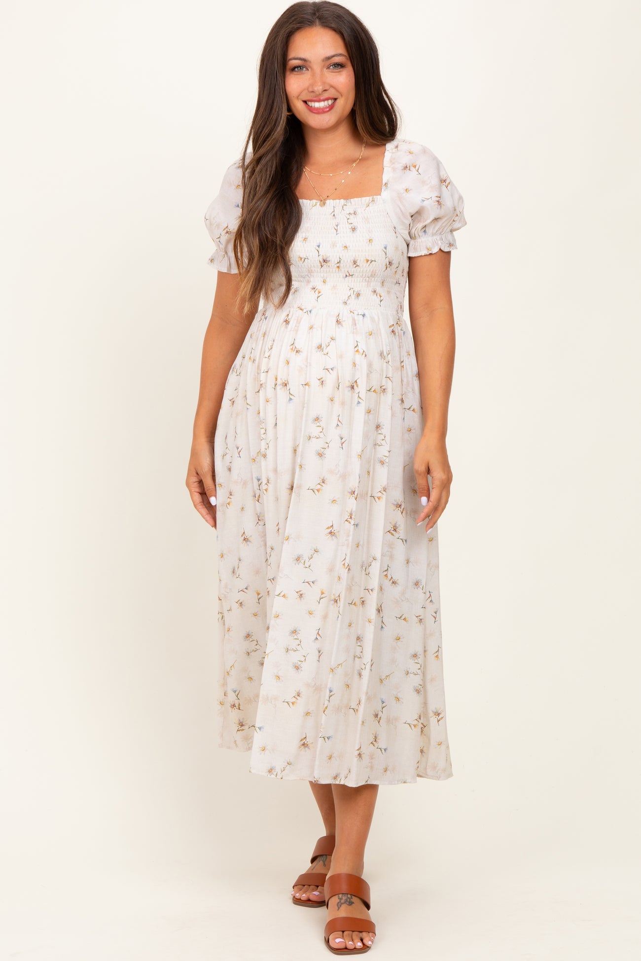 Yellow Floral Printed Puff Sleeve Maternity Midi Dress