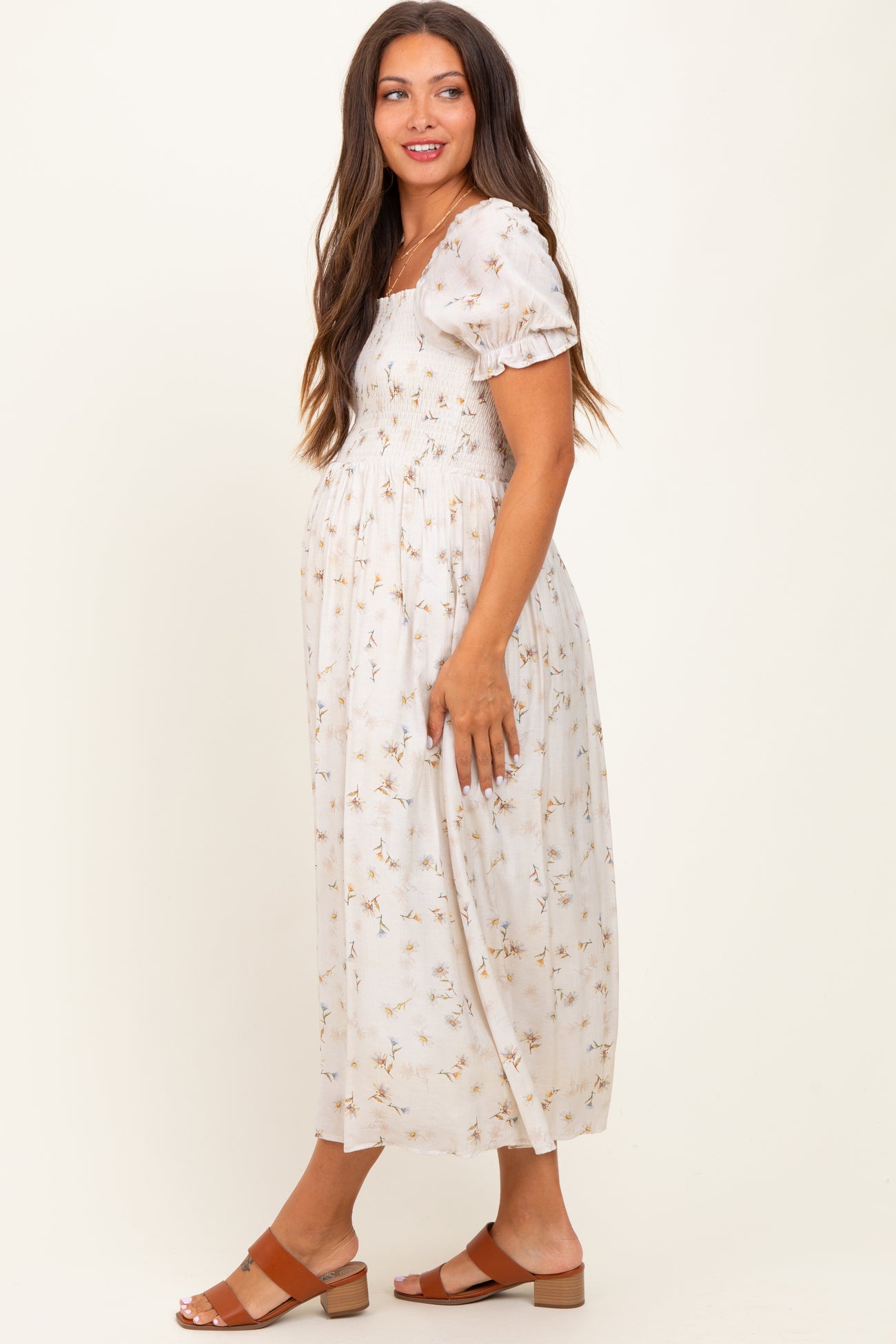 Yellow Floral Printed Puff Sleeve Maternity Midi Dress