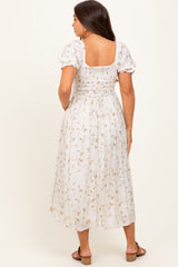 Yellow Floral Printed Puff Sleeve Maternity Midi Dress