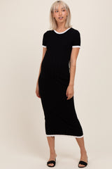 Black/White Short Sleeve Sweater Knit Rib Maternity Midi Dress