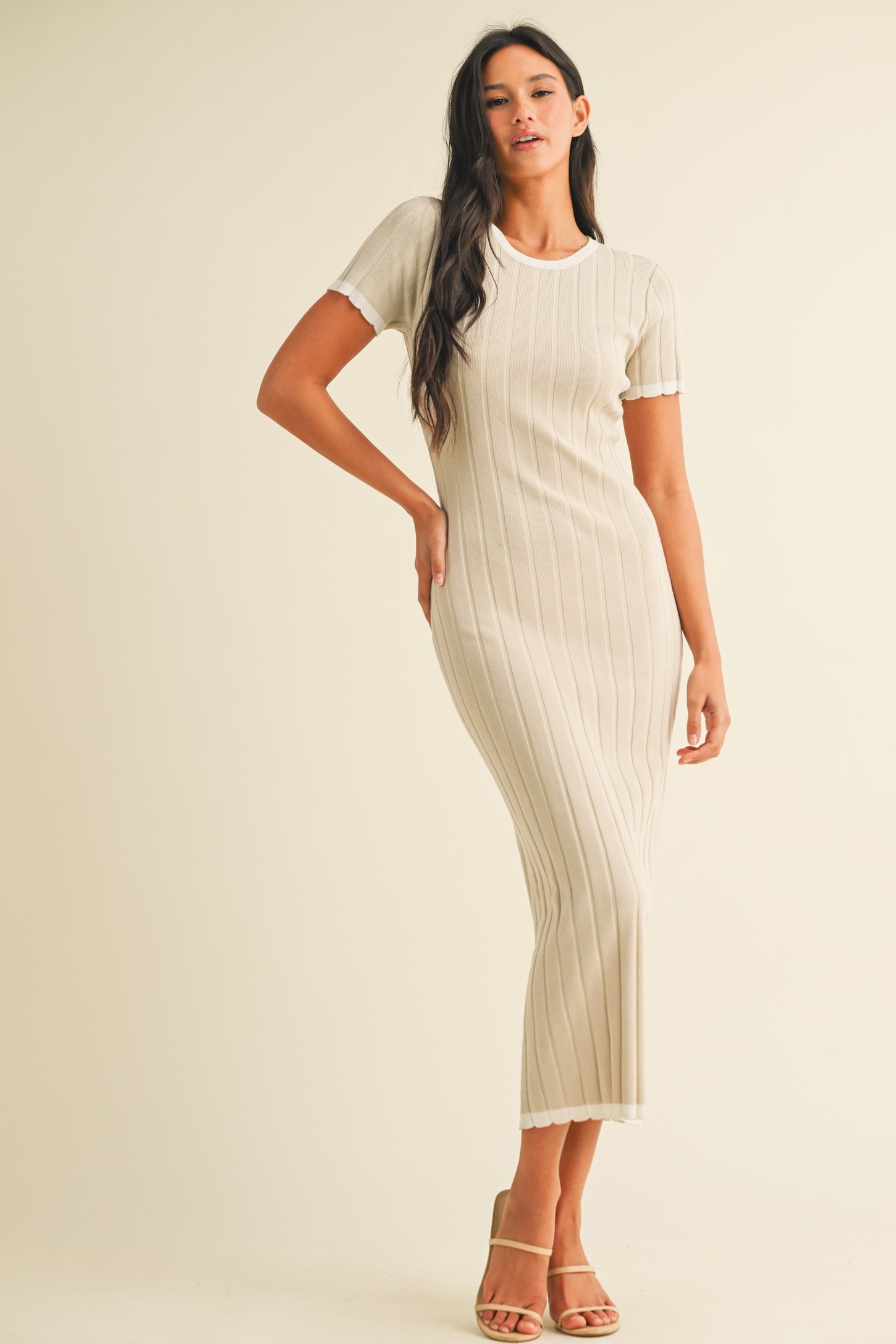 Beige/White Short Sleeve Sweater Knit Rib Midi Dress