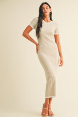 Beige/White Short Sleeve Sweater Knit Rib Midi Dress