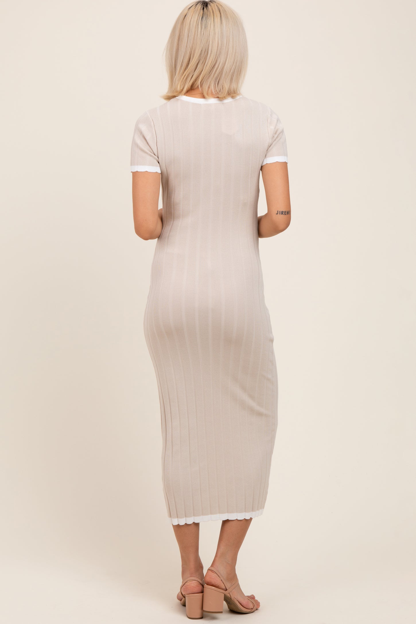 Beige/White Short Sleeve Sweater Knit Rib Maternity Midi Dress