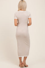 Beige/White Short Sleeve Sweater Knit Rib Maternity Midi Dress