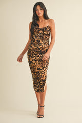 Brown Leopard Criss Cross Back Strap Ruched Maternity Midi Dress