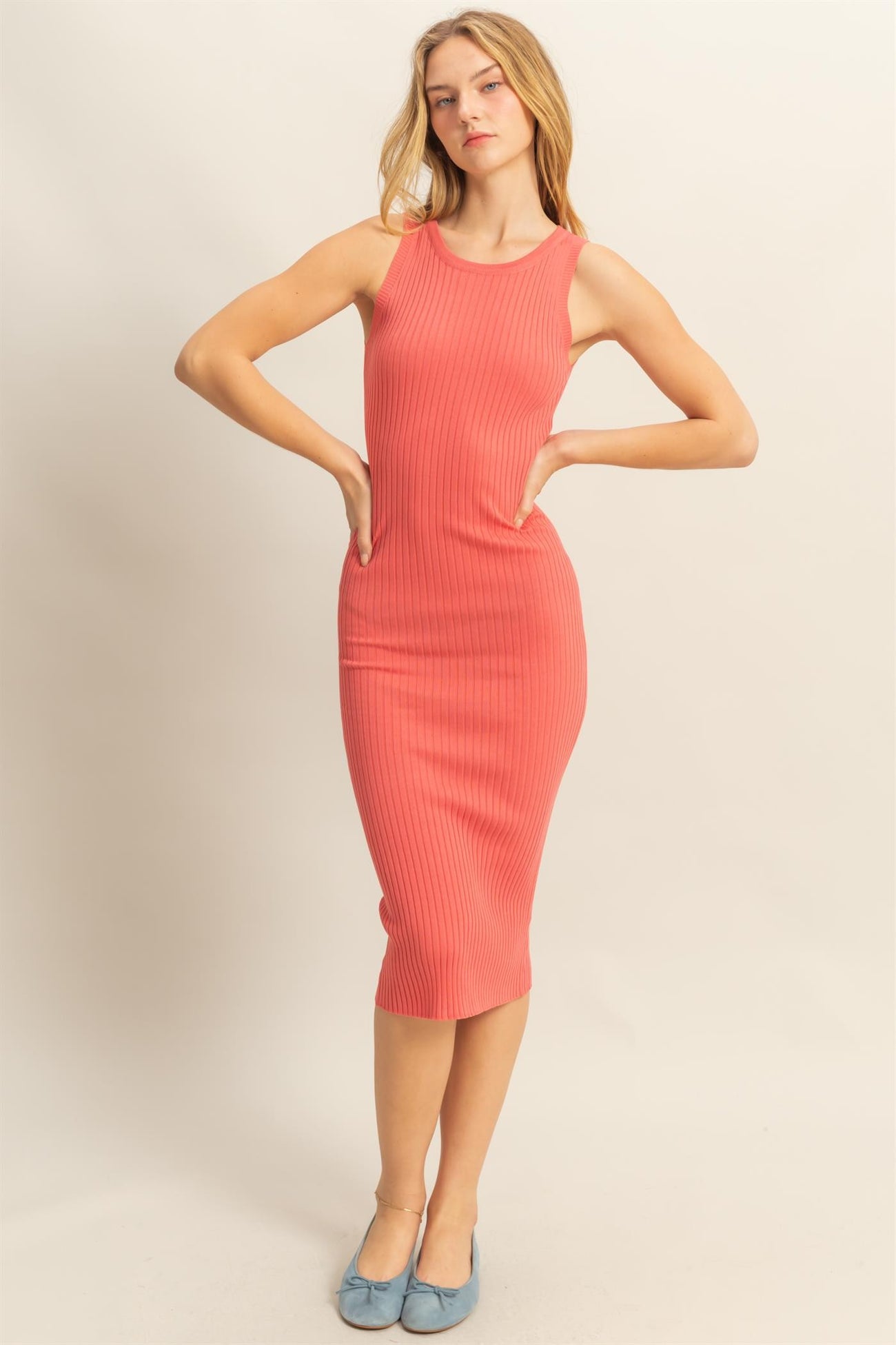 Coral Ribbed Sleeveless Maternity Midi Dress