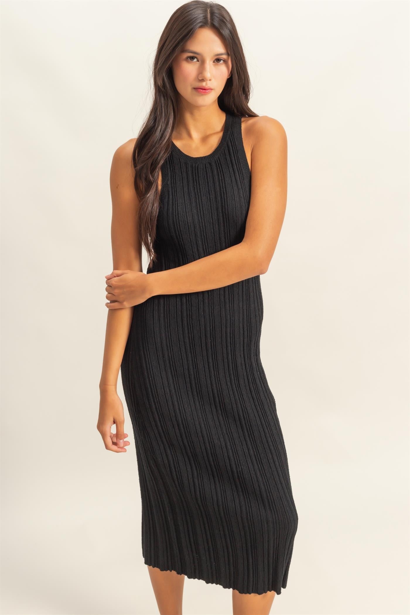 Black Round Neck Bodycon Ribbed Knit Maternity Midi Dress
