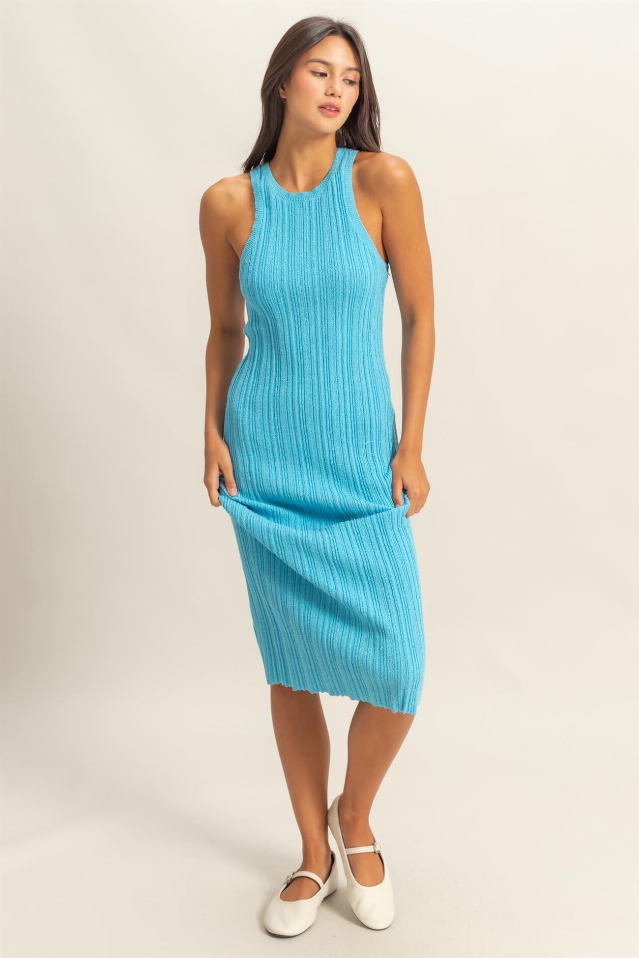 Blue Round Neck Bodycon Ribbed Knit Maternity Midi Dress