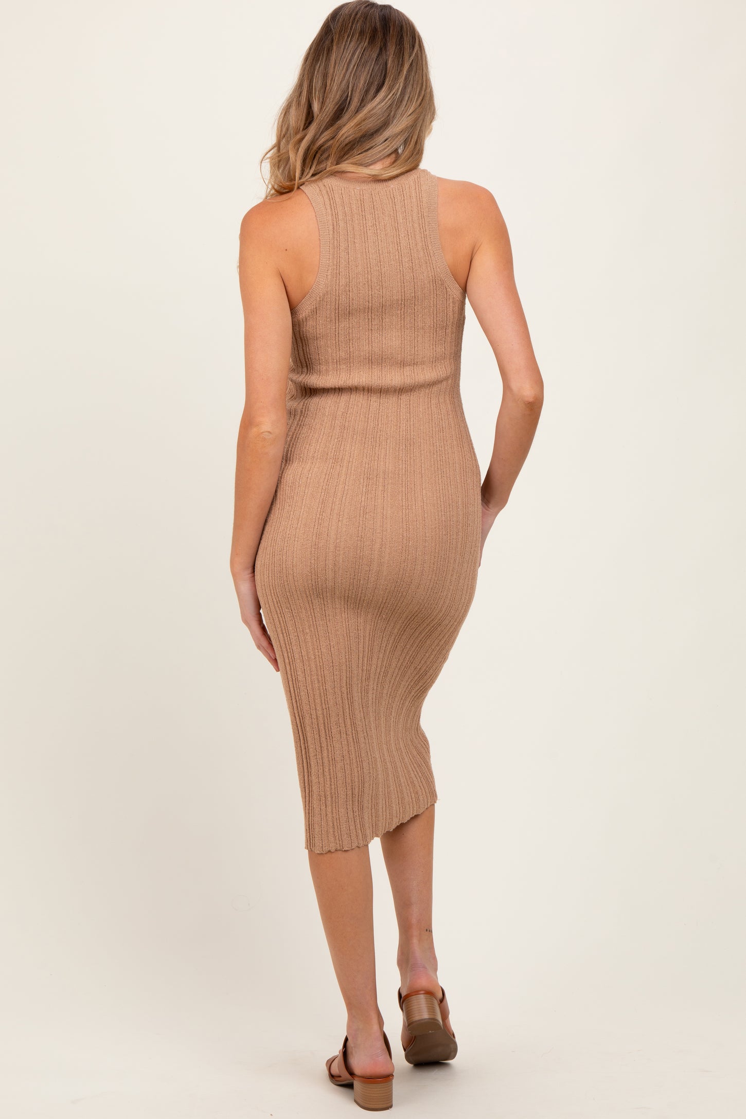 Taupe Round Neck Bodycon Ribbed Knit Maternity Midi Dress