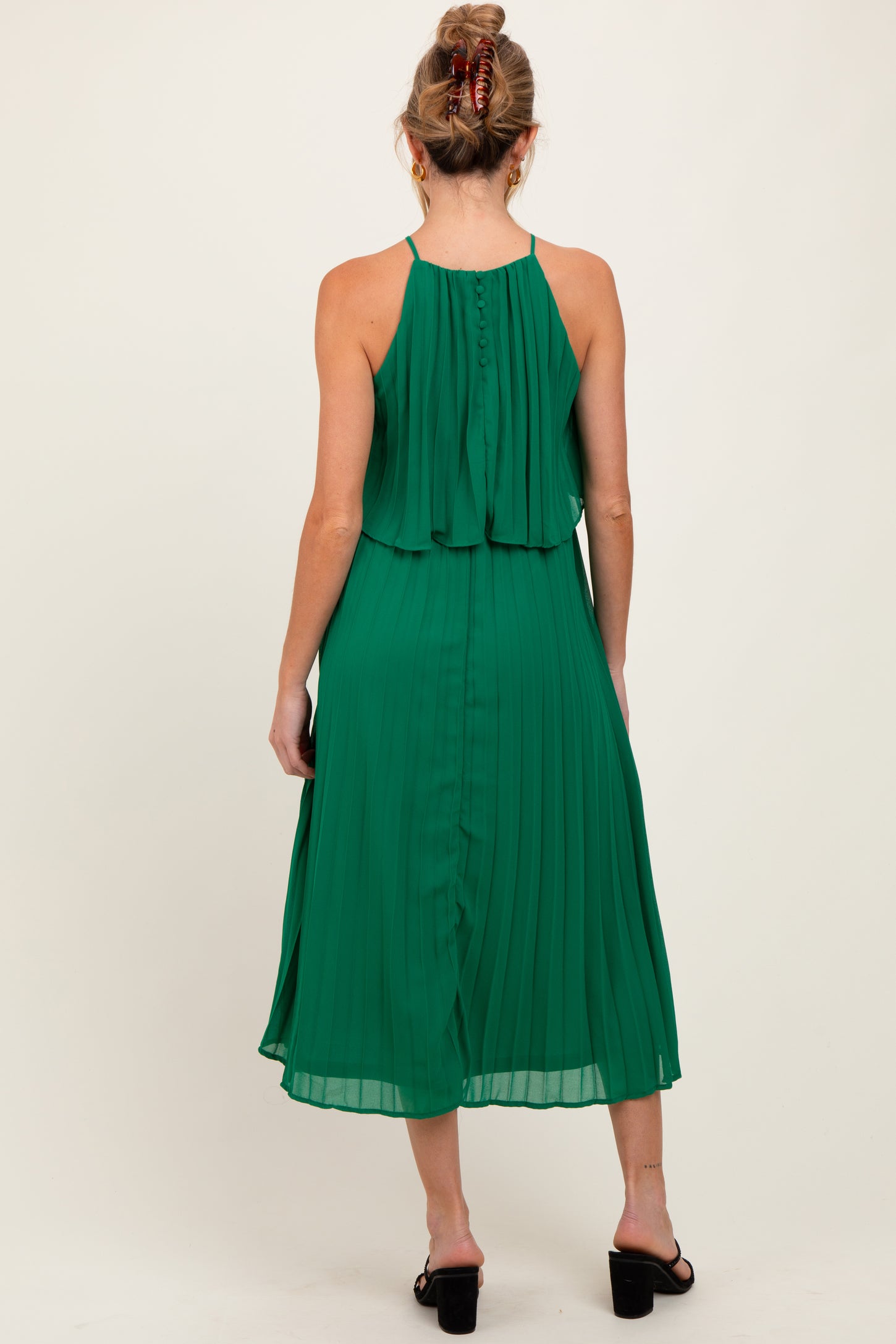Green Pleated Woven Maternity Midi Dress