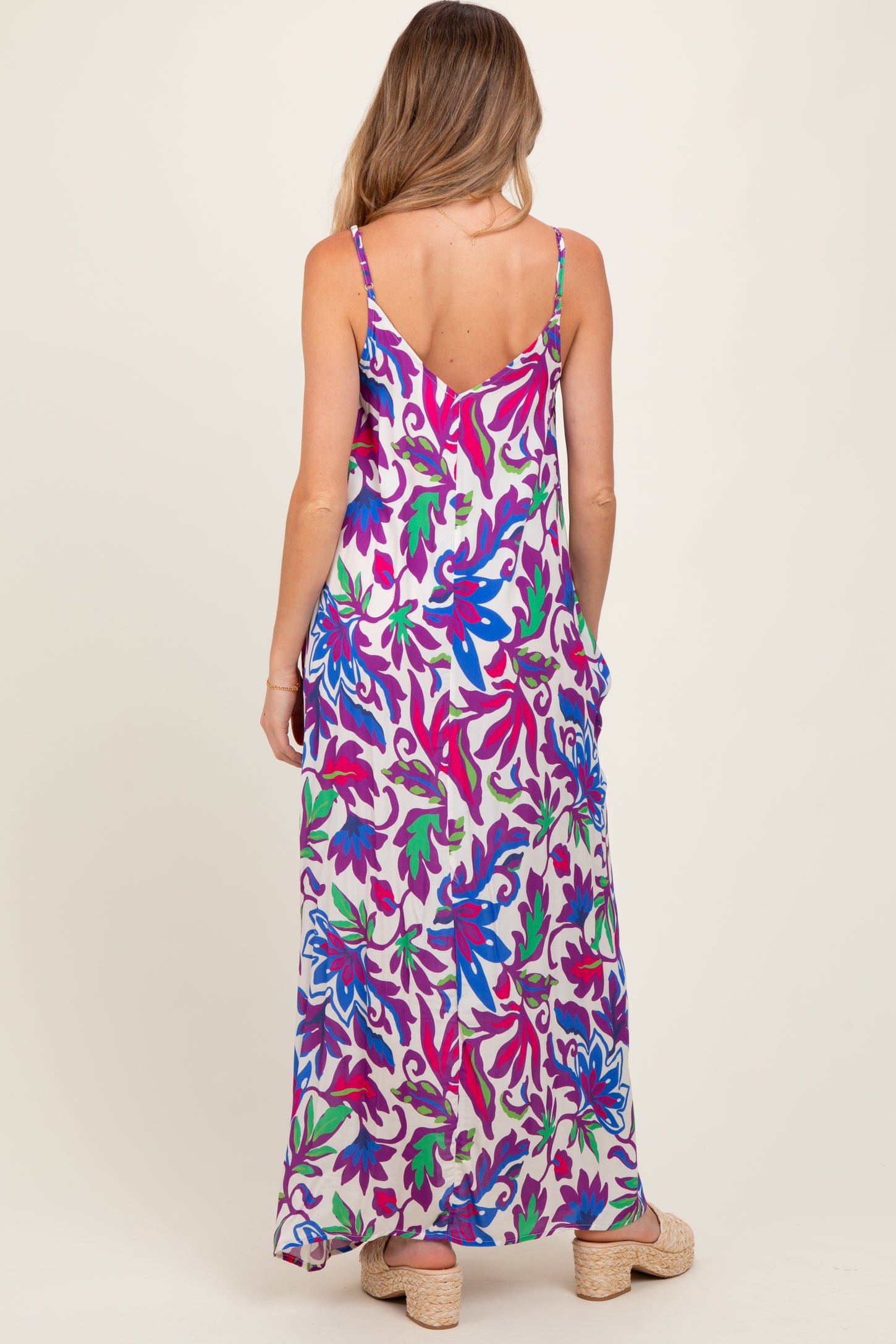 Purple Leaf Print Sleeveless Maternity Maxi Dress