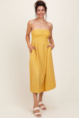 Yellow Lace Strapless Lace Up Back Midi Dress