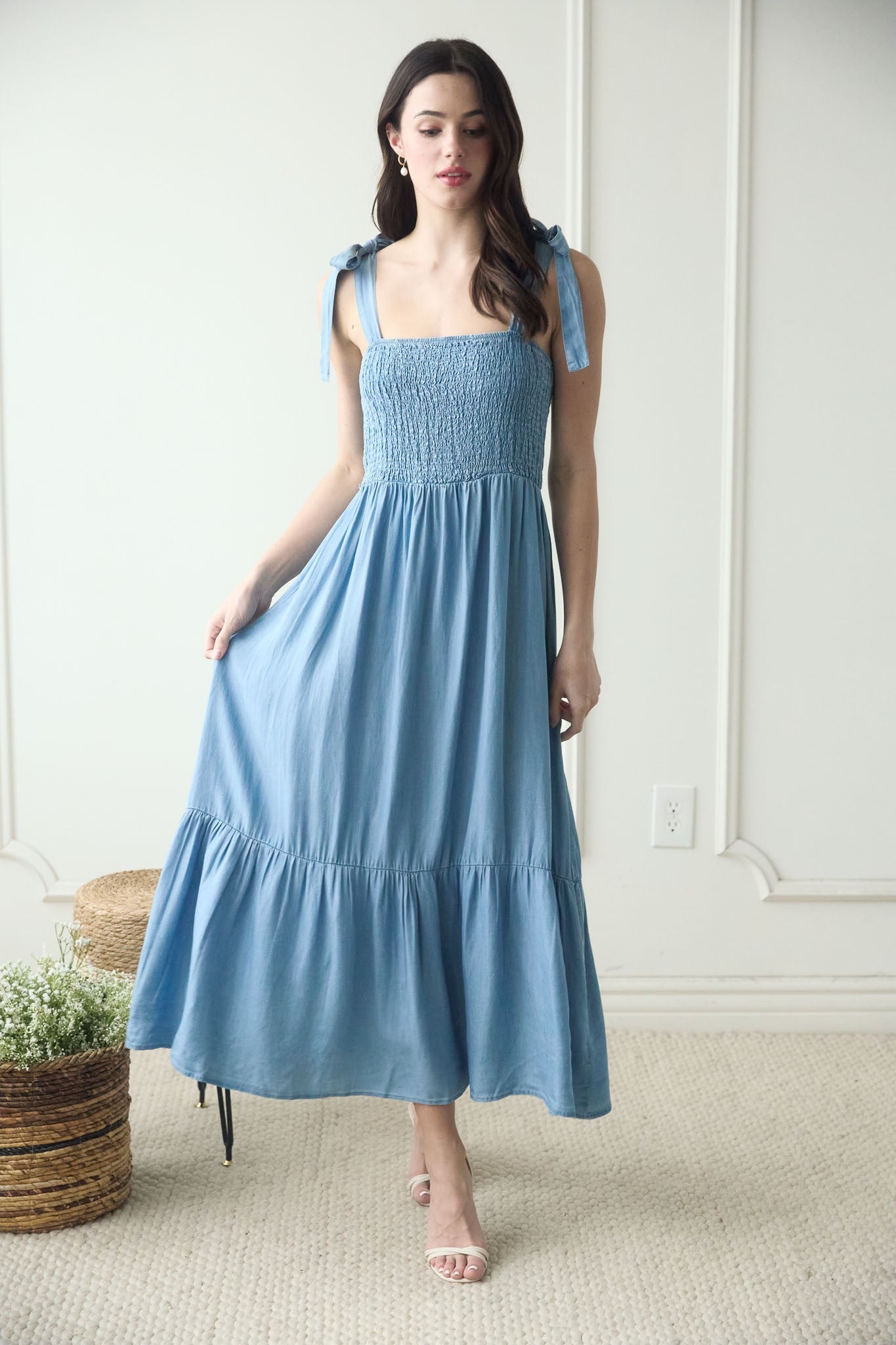 Blue Chambray Smocked Shoulder Tie Maternity Maxi Dress
