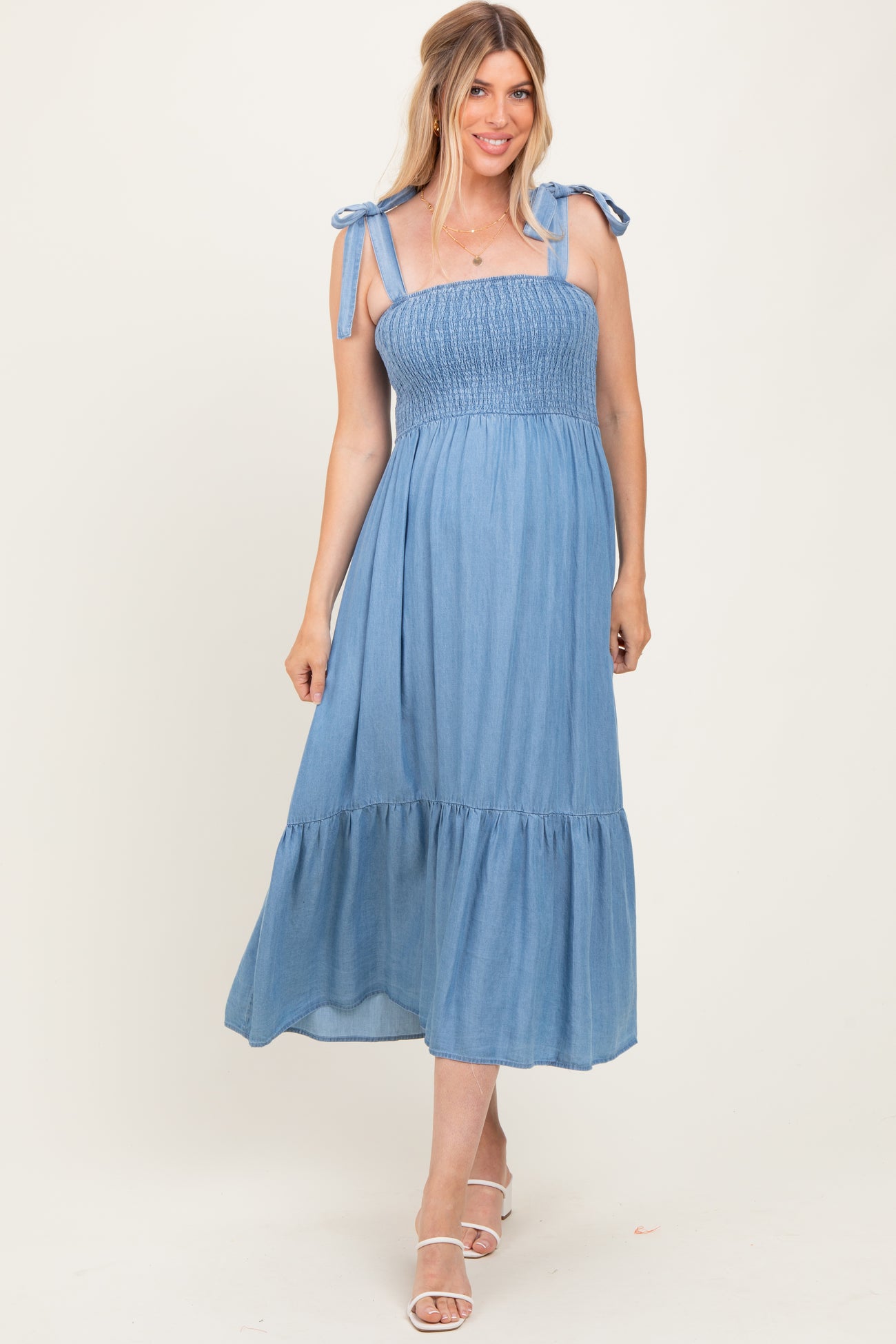 Blue Chambray Smocked Shoulder Tie Maternity Maxi Dress