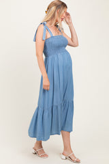 Blue Chambray Smocked Shoulder Tie Maternity Maxi Dress