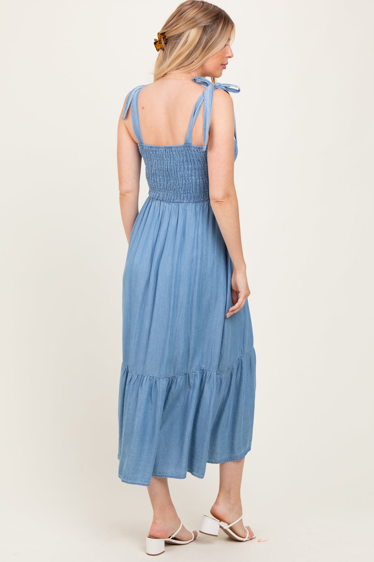 Blue Chambray Smocked Shoulder Tie Maternity Maxi Dress