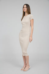 Cream Short Sleeve Rib Knit Midi Dress