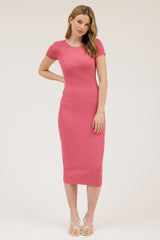 Pink Short Sleeve Rib Knit Maternity Midi Dress