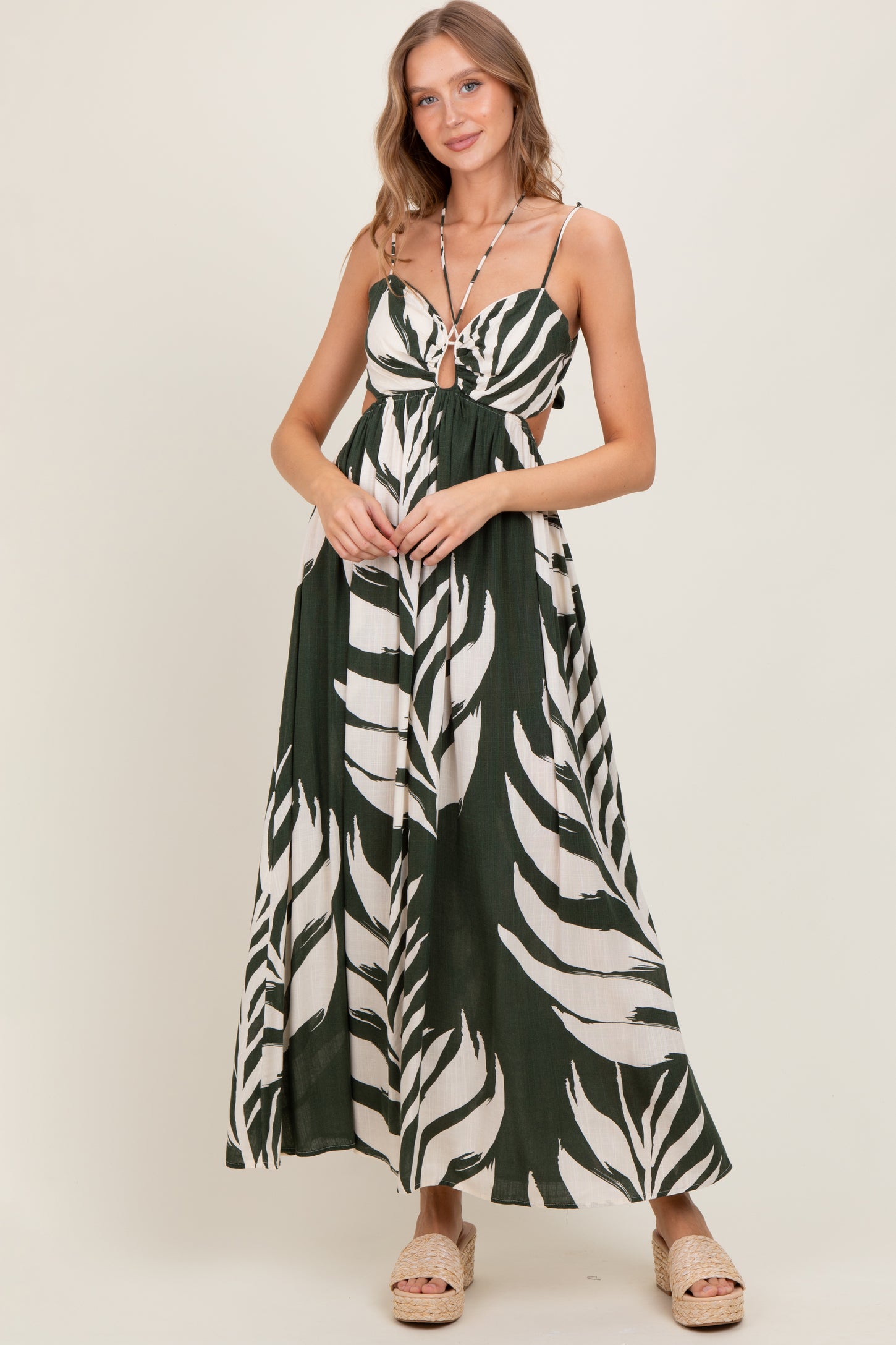 Olive Leaf Print Cutout Tie Back Maternity Maxi Dress