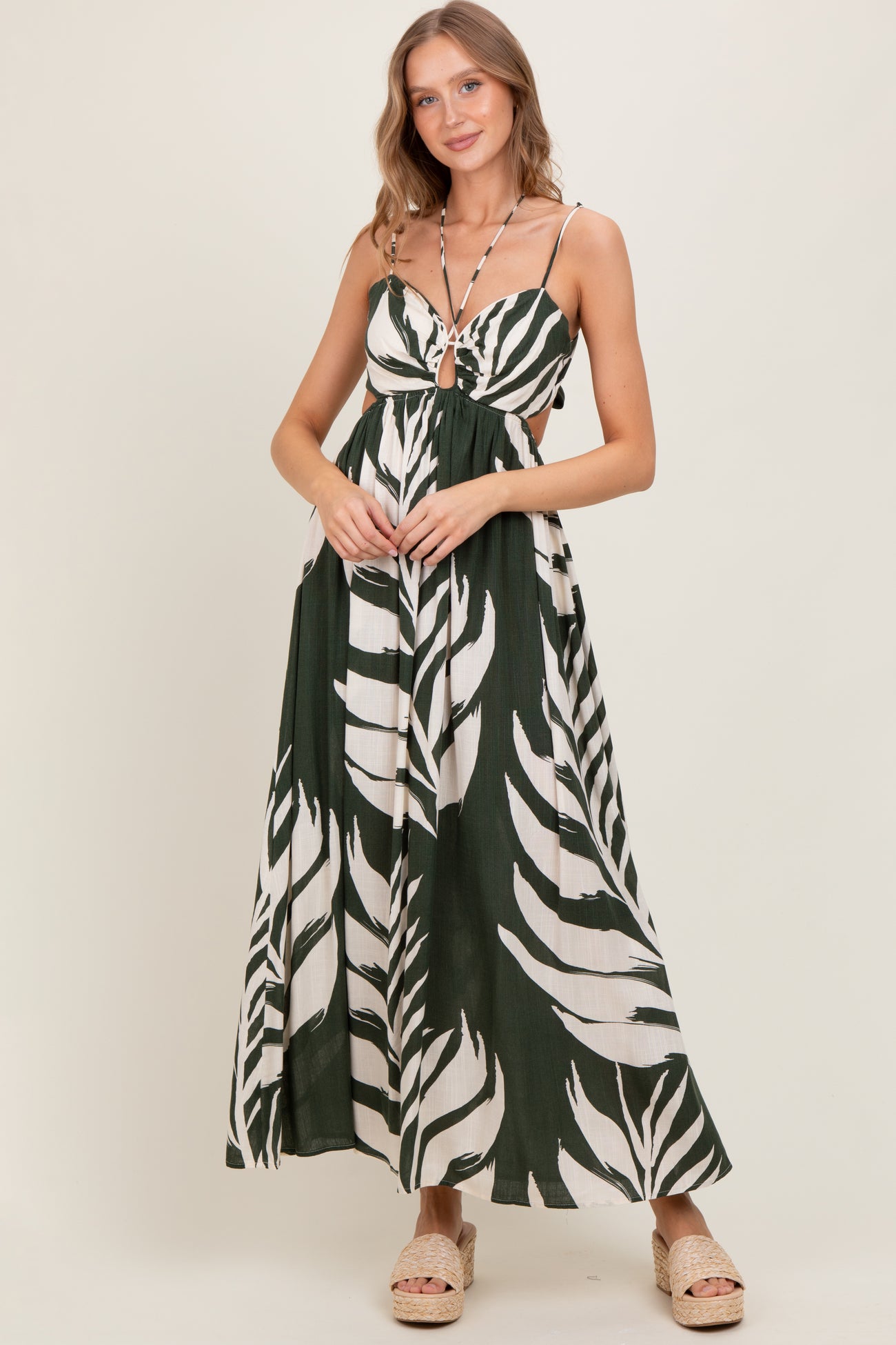 Olive Leaf Print Cutout Tie Back Maxi Dress