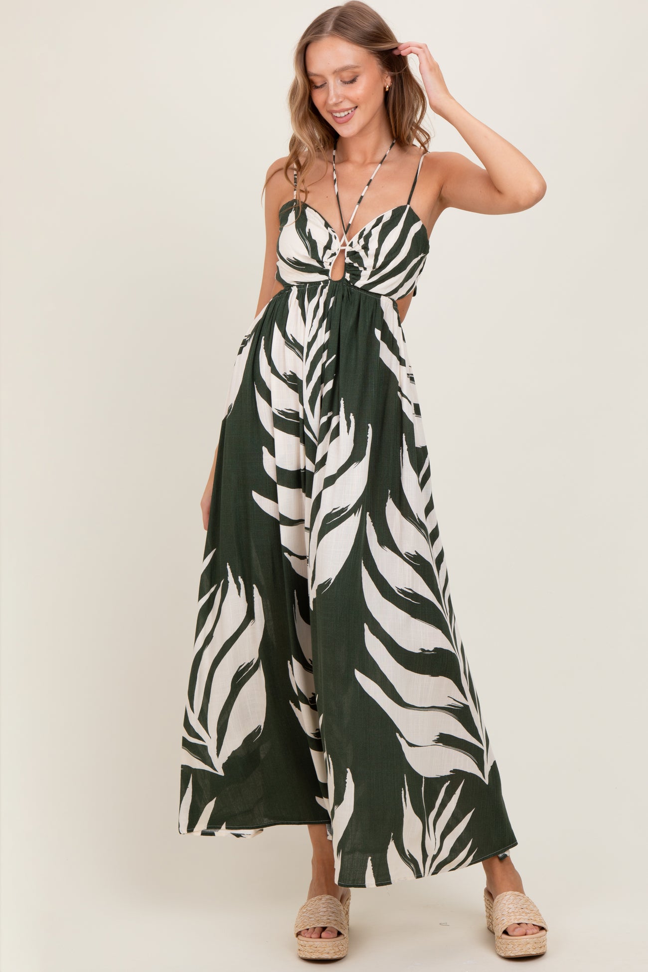 Olive Leaf Print Cutout Tie Back Maxi Dress