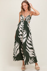 Olive Leaf Print Cutout Tie Back Maxi Dress