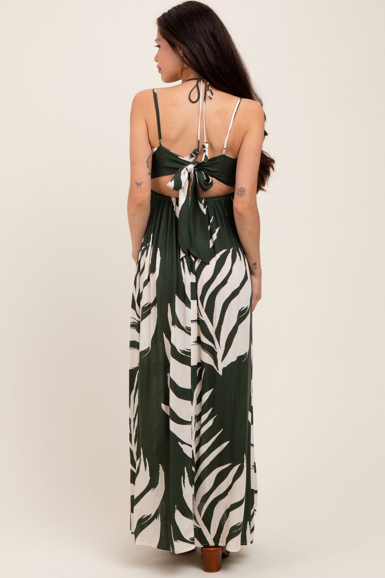 Olive Leaf Print Cutout Tie Back Maternity Maxi Dress