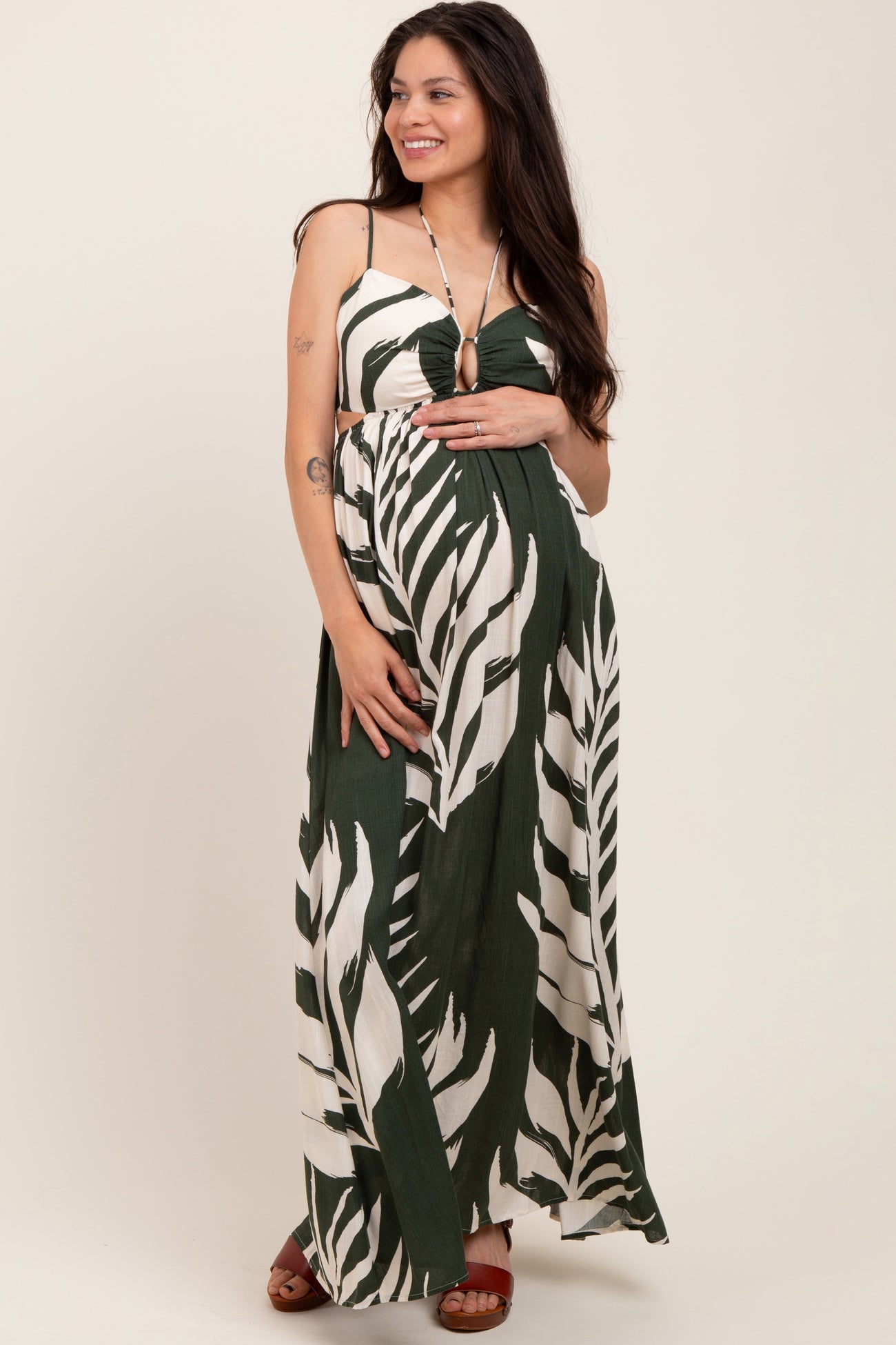 Olive Leaf Print Cutout Tie Back Maternity Maxi Dress