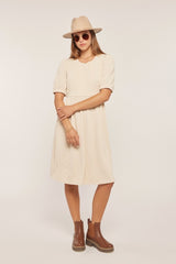Ivory Textured Knit Puff Sleeve Maternity Midi Dress