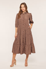 Brown Floral Tiered Maternity Shirt Midi Dress