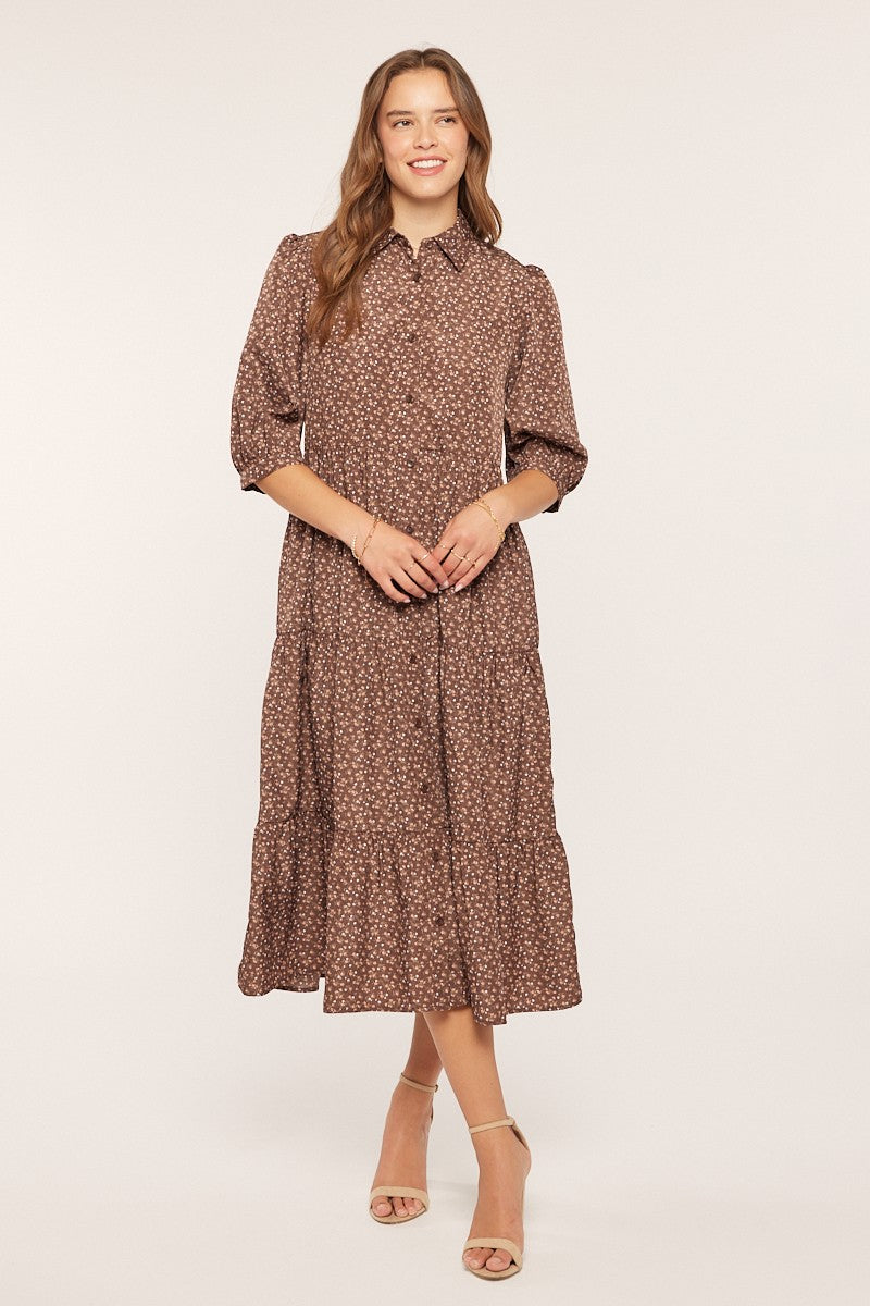 Brown Floral Tiered Shirt Midi Dress