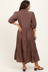Brown Floral Tiered Maternity Shirt Midi Dress