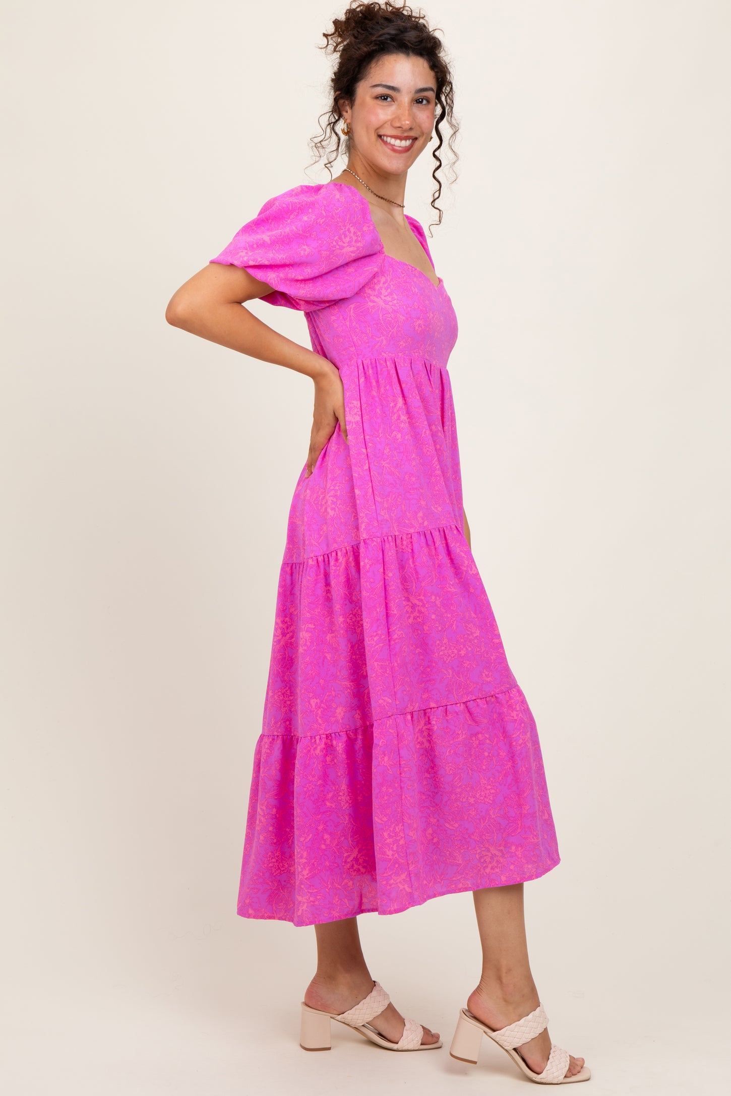 Pink Printed Puff Sleeve Tiered Midi Dress