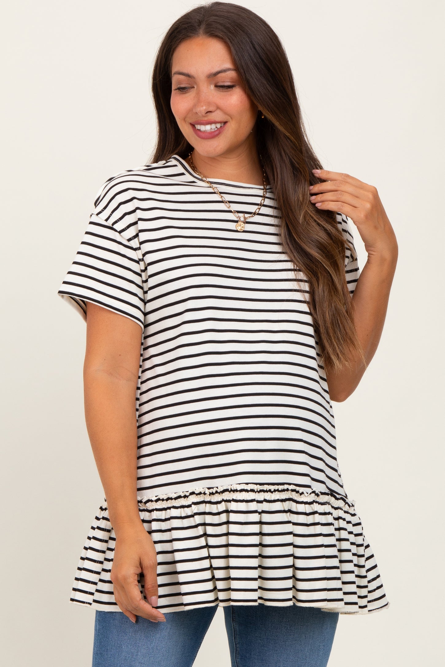 Ivory Striped Ruffle Hem Maternity Short Sleeve Top