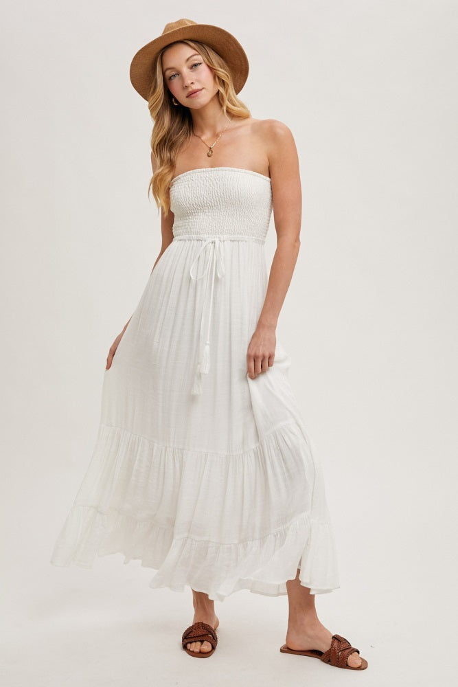 Ivory Smocked Strapless Front Tie Maternity Maxi Dress
