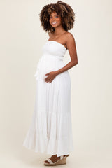 Ivory Smocked Strapless Front Tie Maternity Maxi Dress