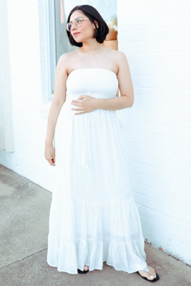 Ivory Smocked Strapless Front Tie Maternity Maxi Dress