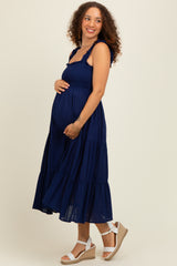 Navy Smocked Ruffle Strap Tiered Maternity Midi Dress
