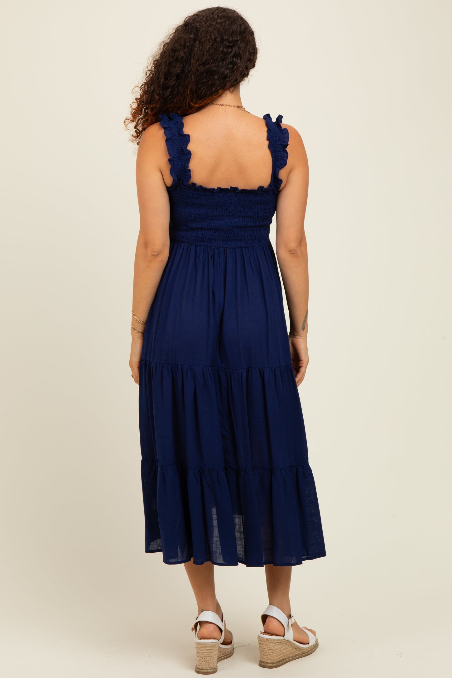 Navy Smocked Ruffle Strap Tiered Maternity Midi Dress