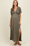 Olive V-Neck Flutter Sleeve Side Slit Maternity Maxi Dress