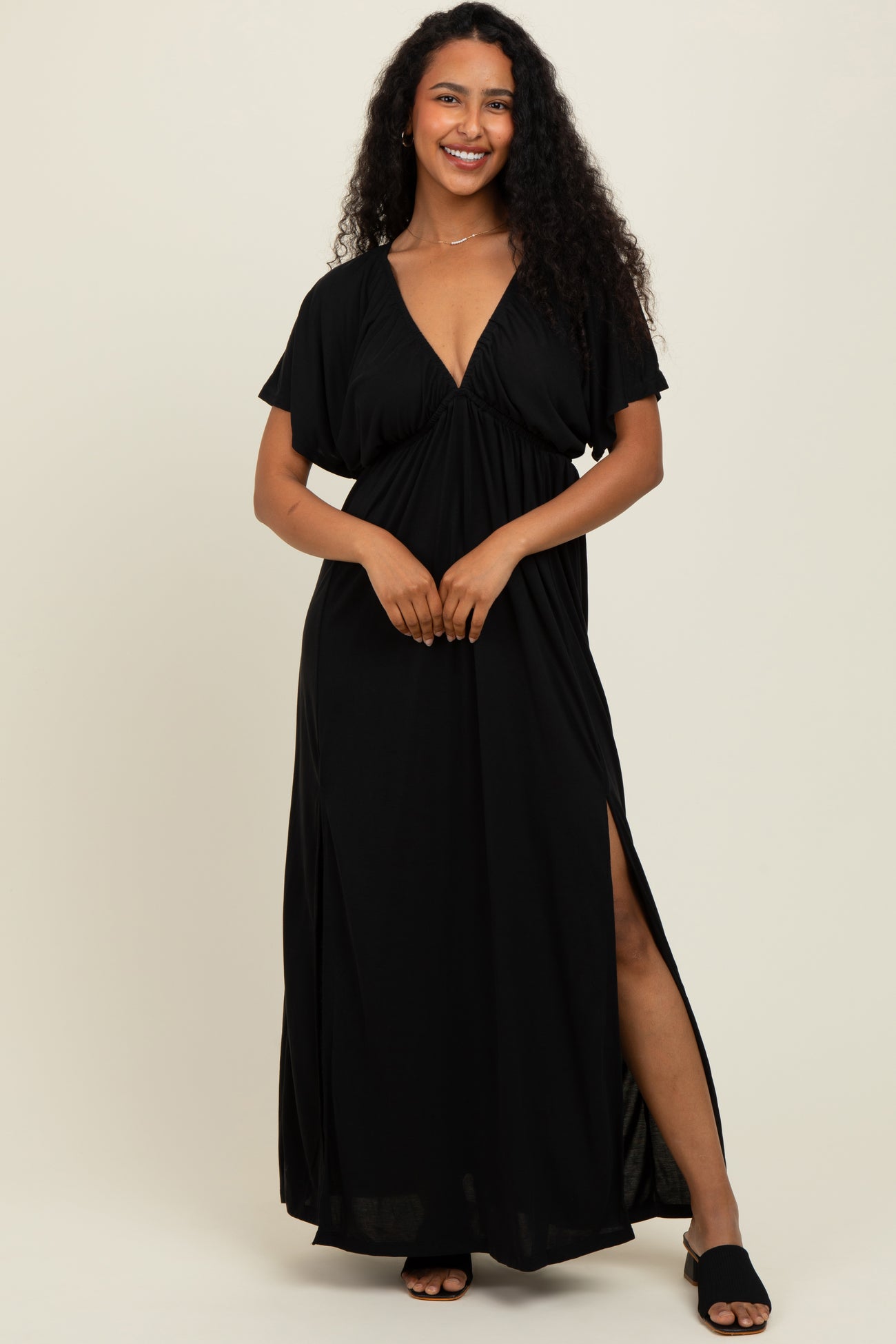 Black V-Neck Flutter Sleeve Side Slit Maternity Maxi Dress