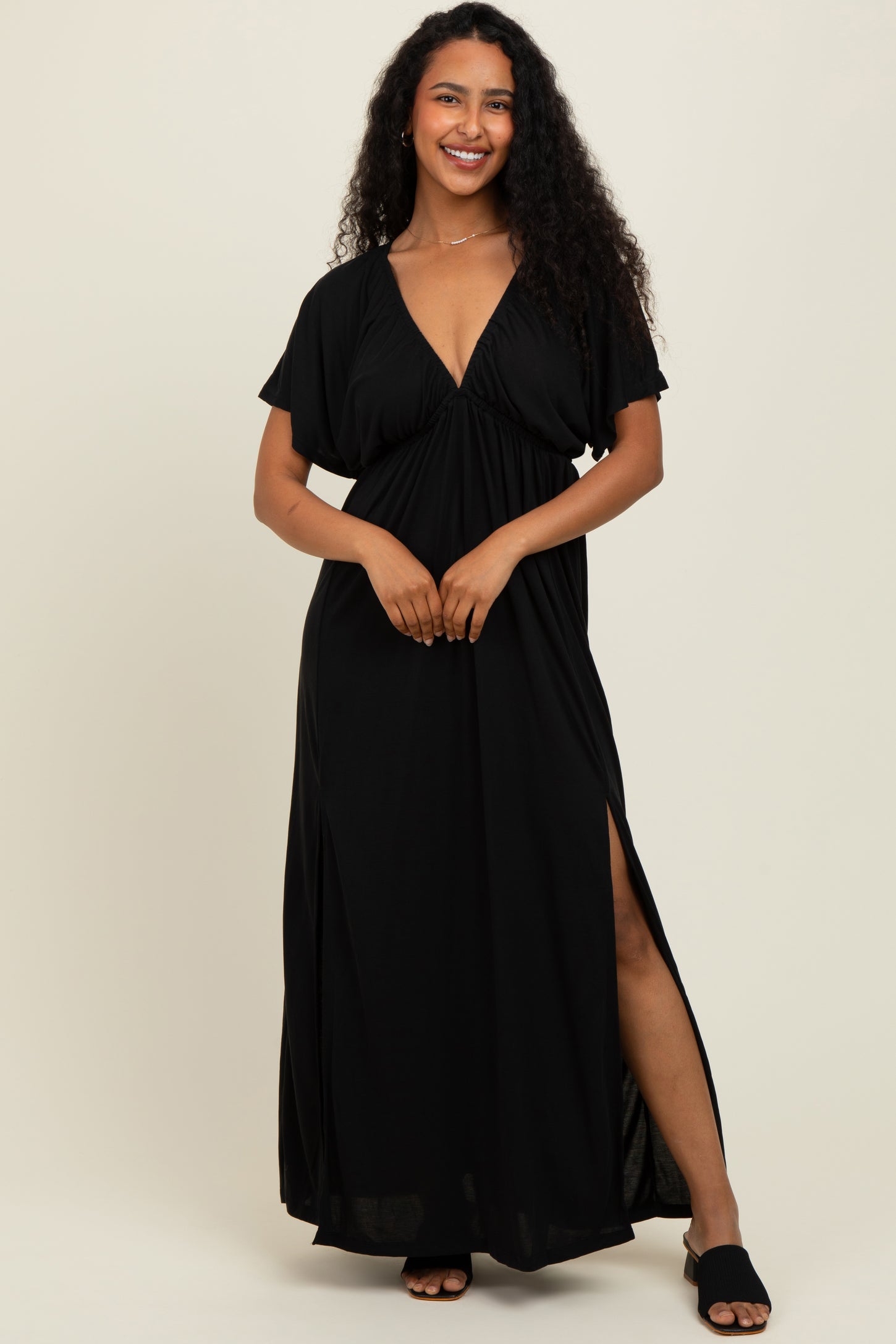 Black V-Neck Flutter Sleeve Side Slit Maternity Maxi Dress