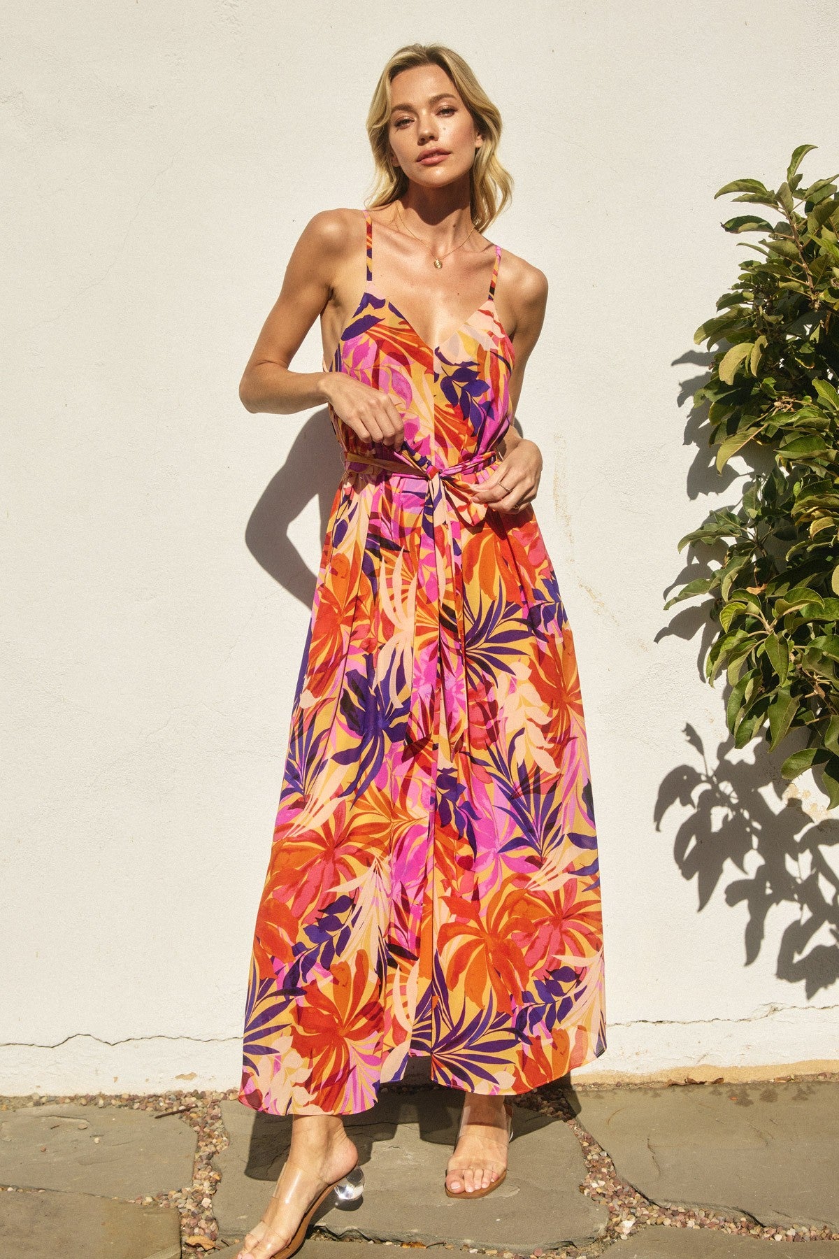 Orange Tropical Sash Tie Maternity Maxi Dress