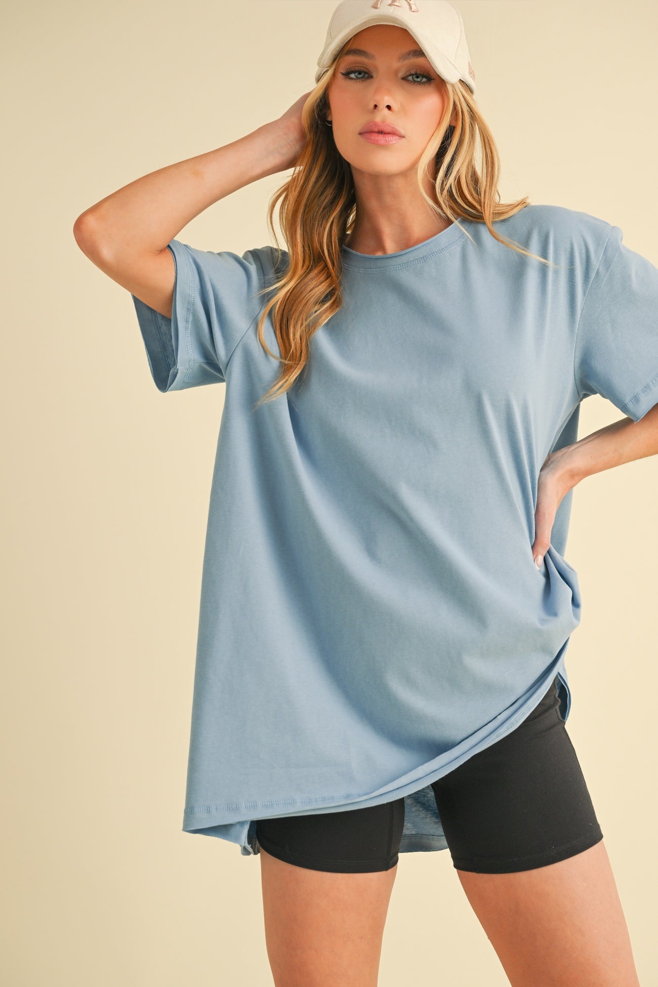 Blue Oversized Cut Hem Short Sleeve T-Shirt