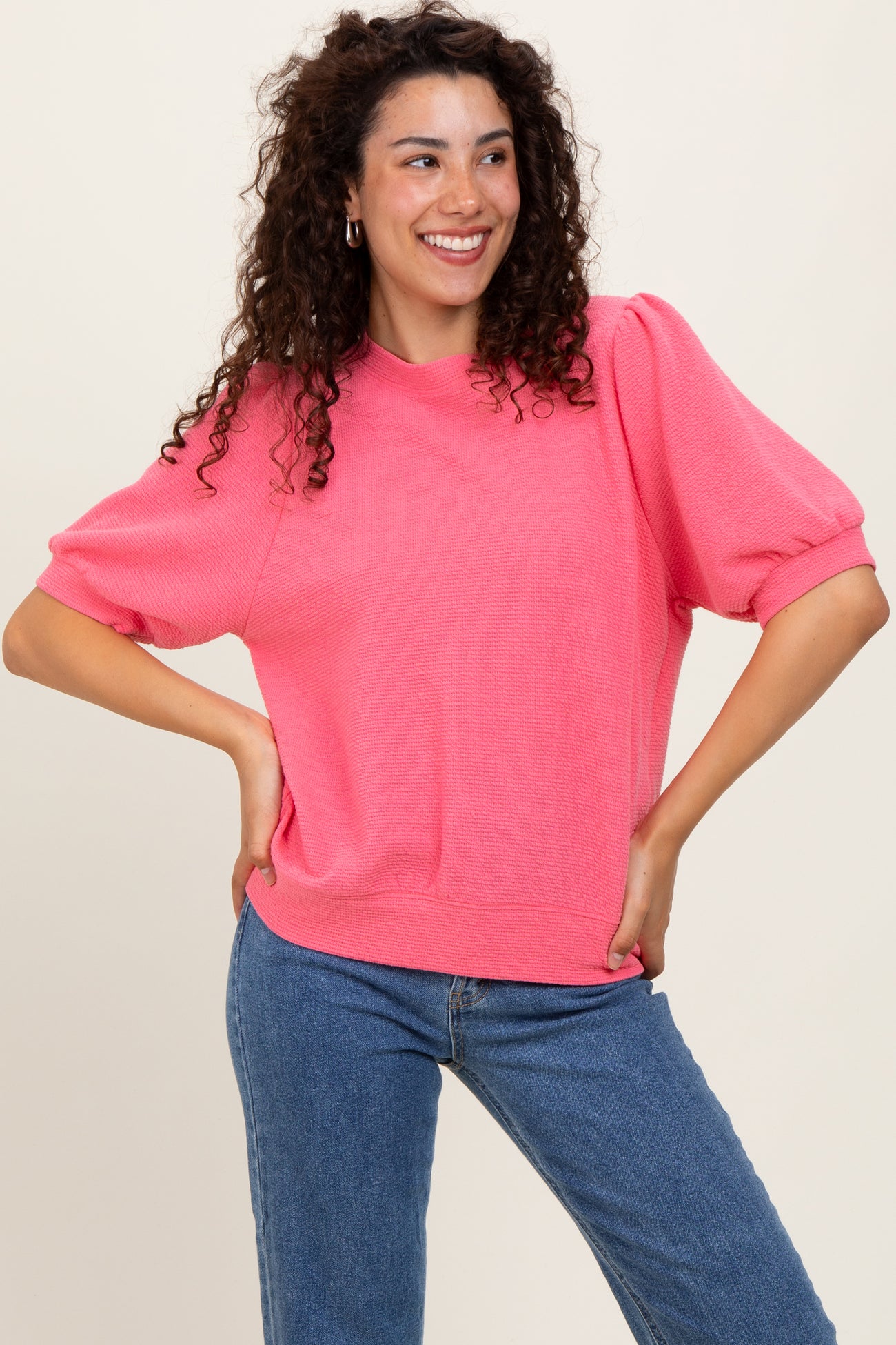 Pink Knit Maternity Puff Sleeve Top